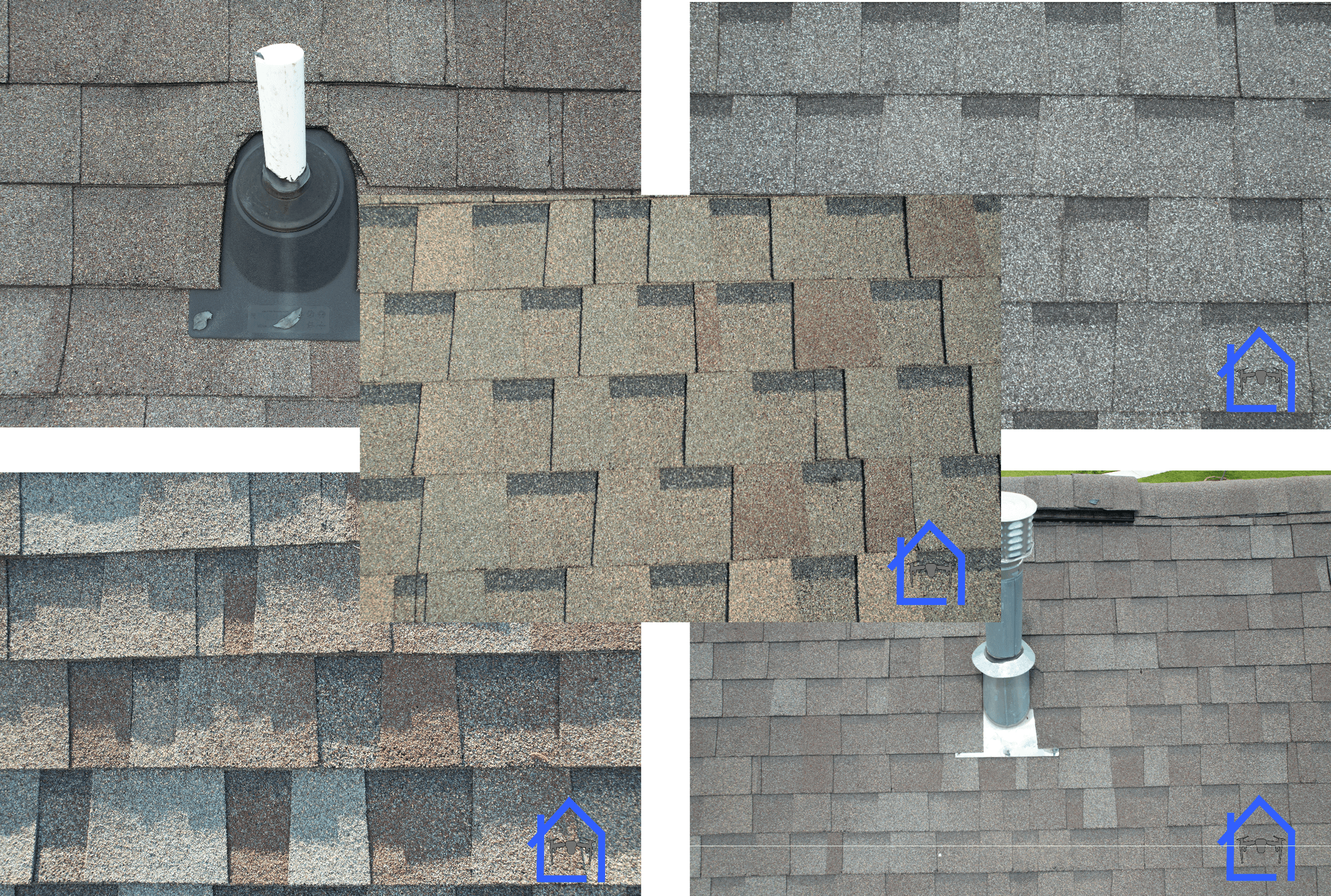 Multiple close-up photos of asphalt shingle roofs and roofing components.