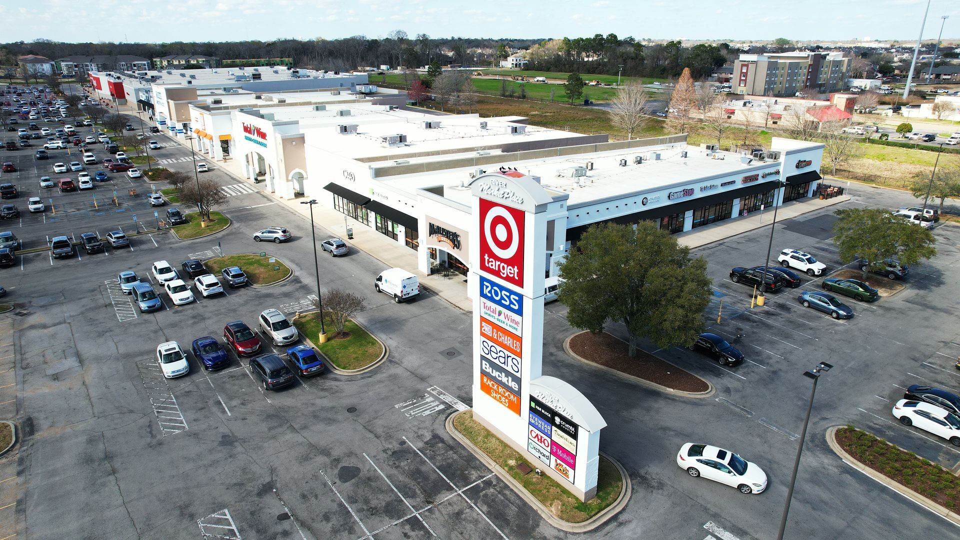 Oblique photo of a shopping center for commercial marketing and listing